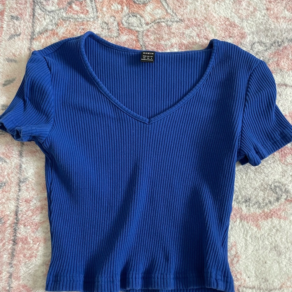 Blue Ribbed V-Neck Top